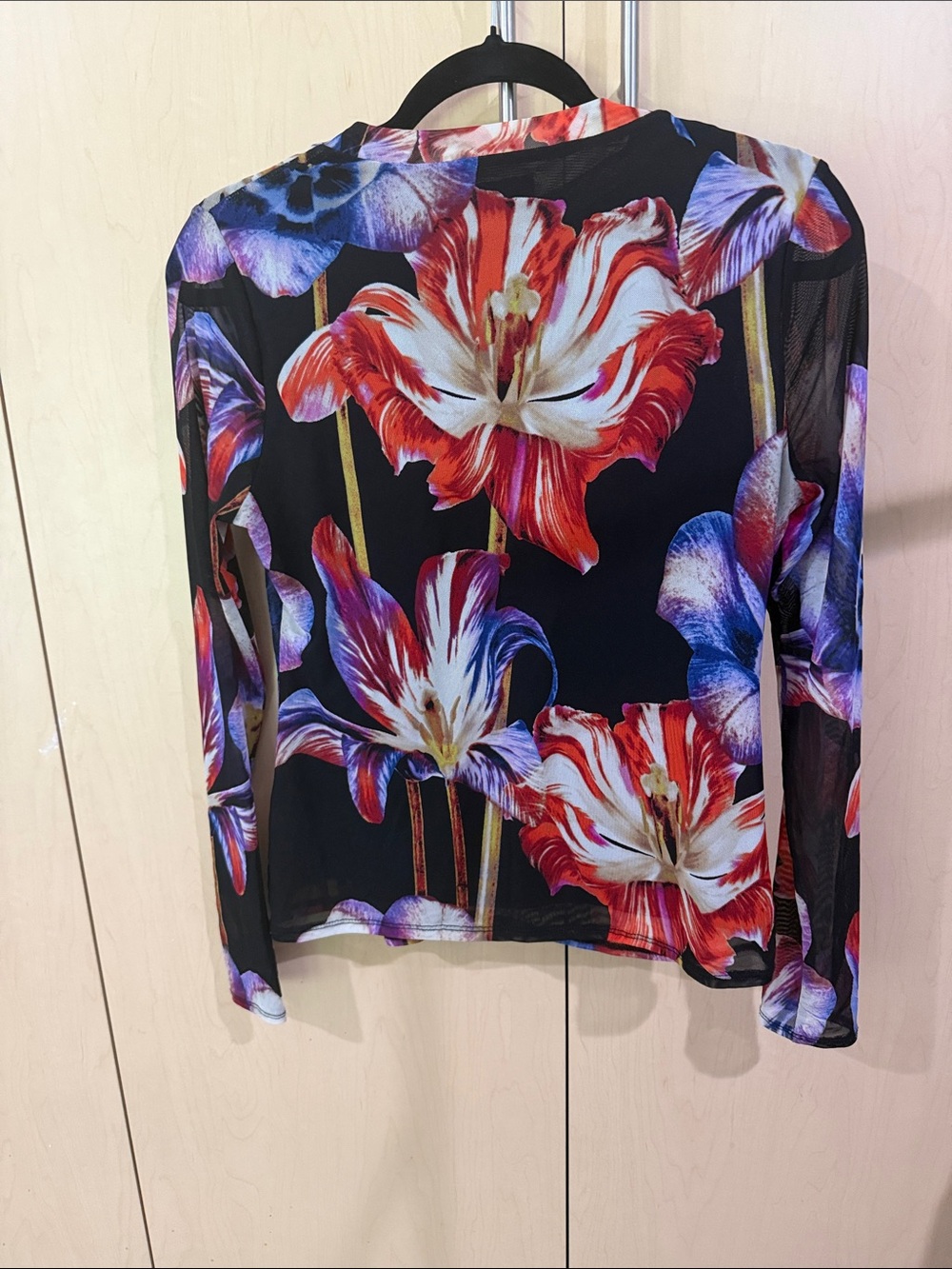 Floral Long-Sleeve Mesh Top in Black and Multicolor - Picture 3 of 3